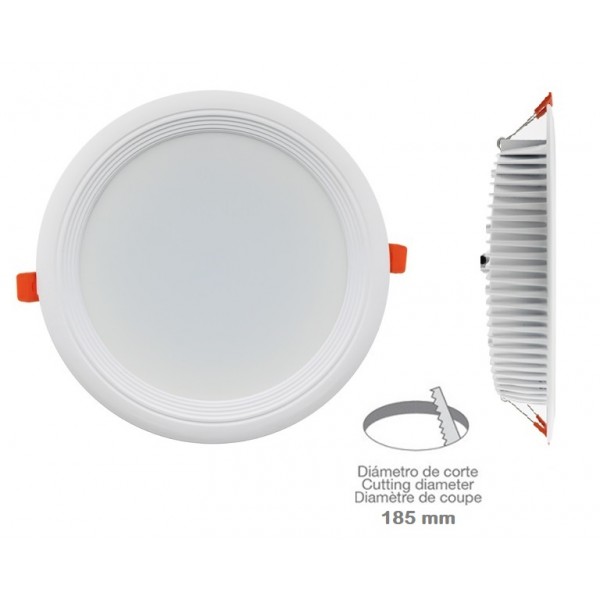 Downlight LED Redondo 225mm Blanco 50W, Corte 185mm. para Techos Lamas